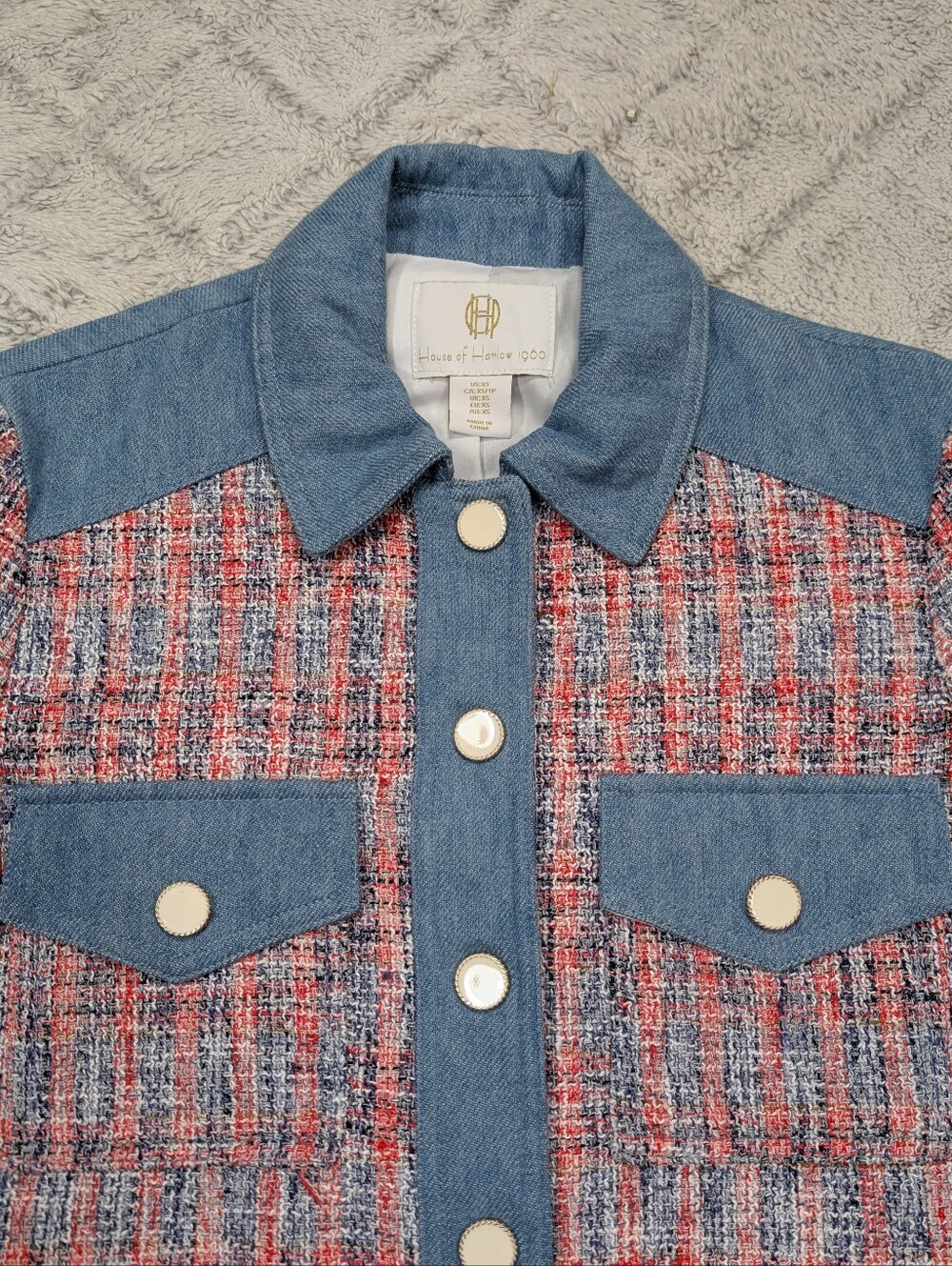 House of Harlow 1960 Jacket Womens XS Blue Red Denim Tweed Crop Preppy Retro - Picture 2 of 8